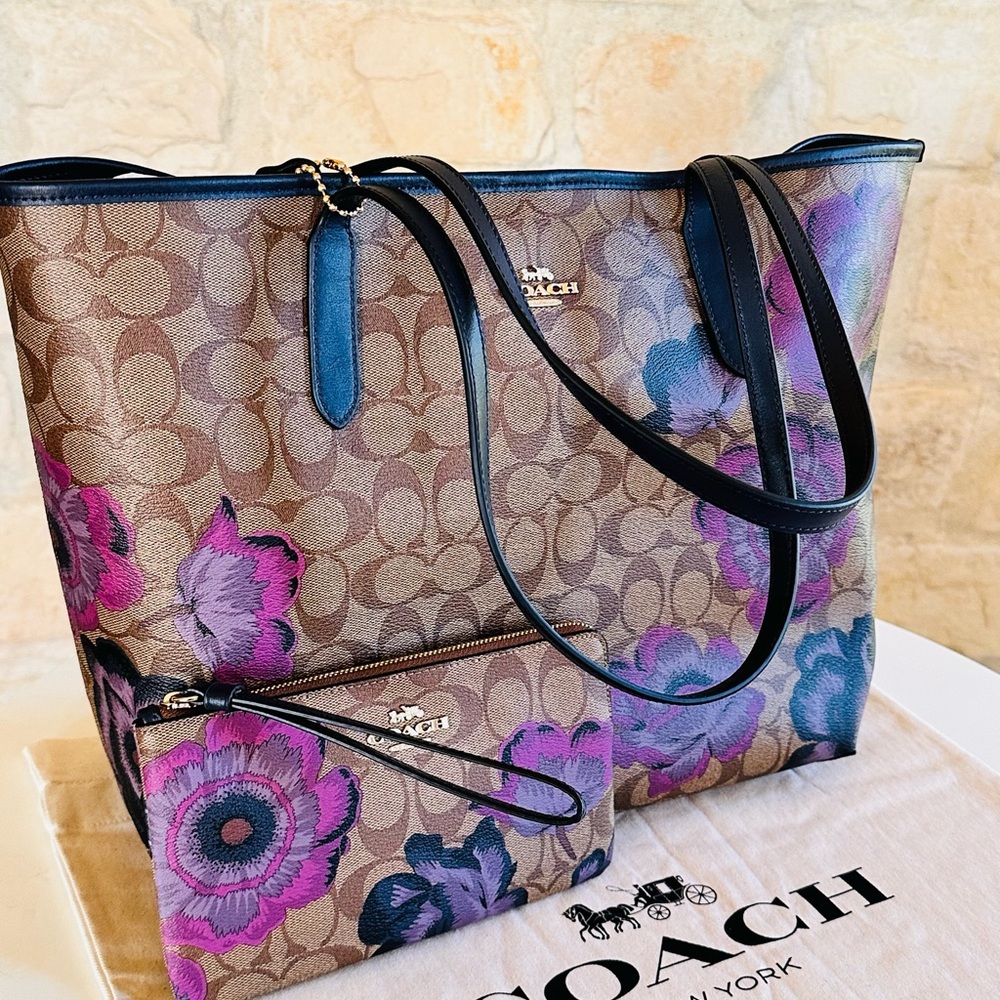 Coach City Tote Kaffe Fassett Floral Signature handbag+wallet brown Purple NWT - Picture 15 of 15